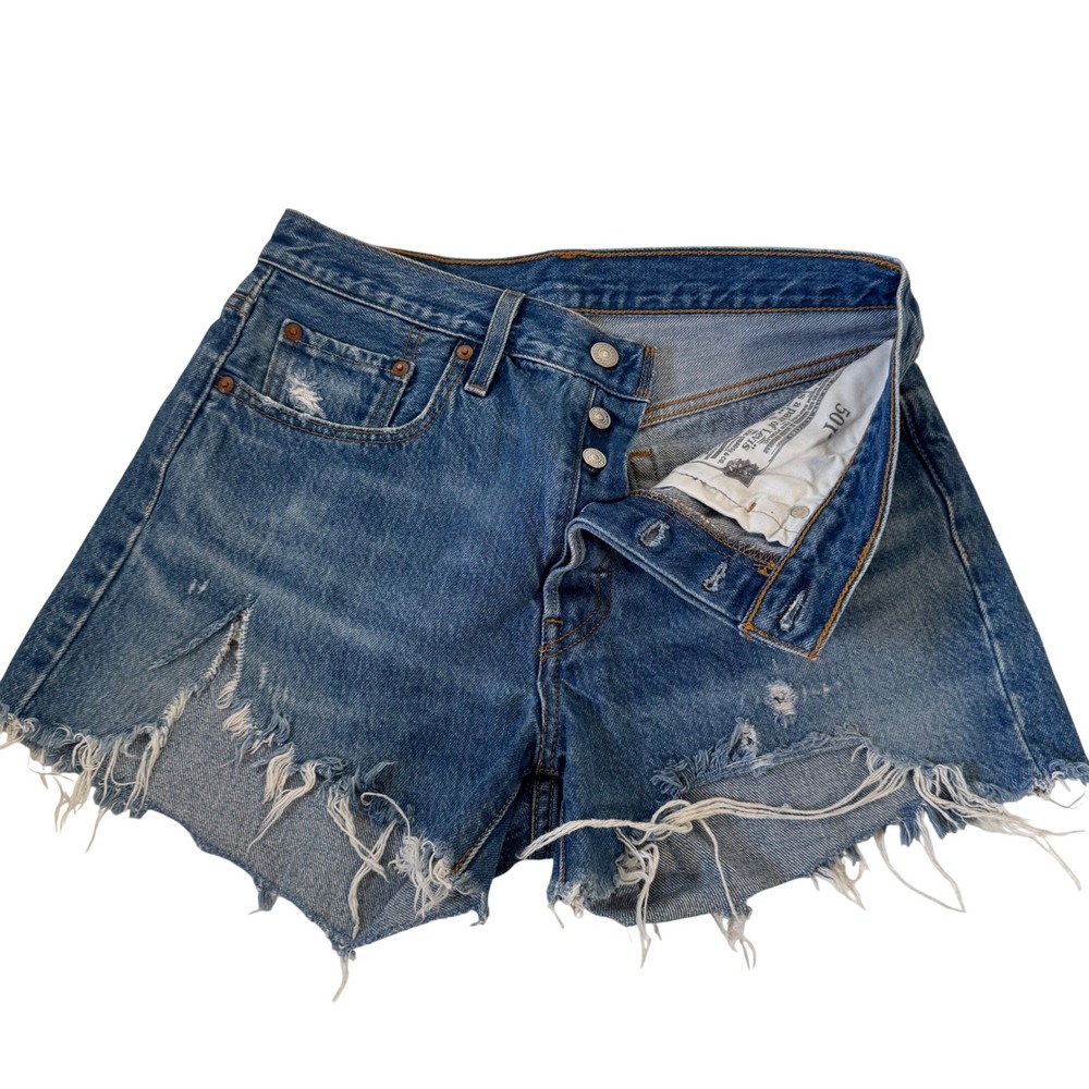 Levis Premium 501 Original Distressed Denim Shorts Medium Wash Blue W28 - Picture 2 of 7